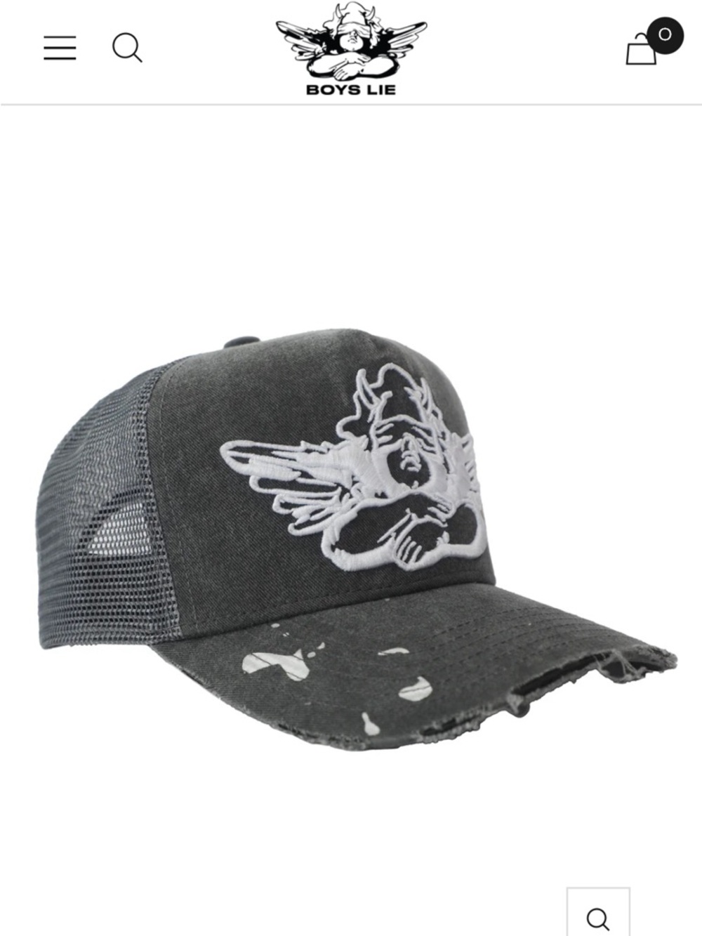 Boys Lie Dark Gray Distressed Trucker Cap with White Angel Patch
